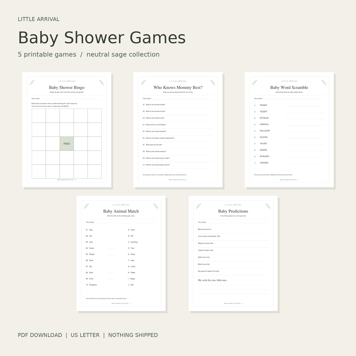 Neutral Baby Shower Games Bundle – 5 Printable Games